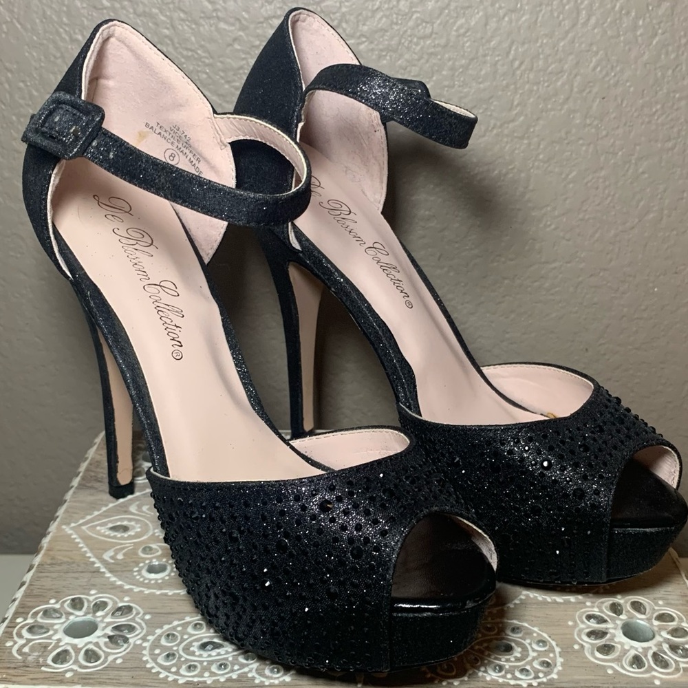 Formal Evening Party angle Strap High Heel Peep Toe Glitter Black Size 8